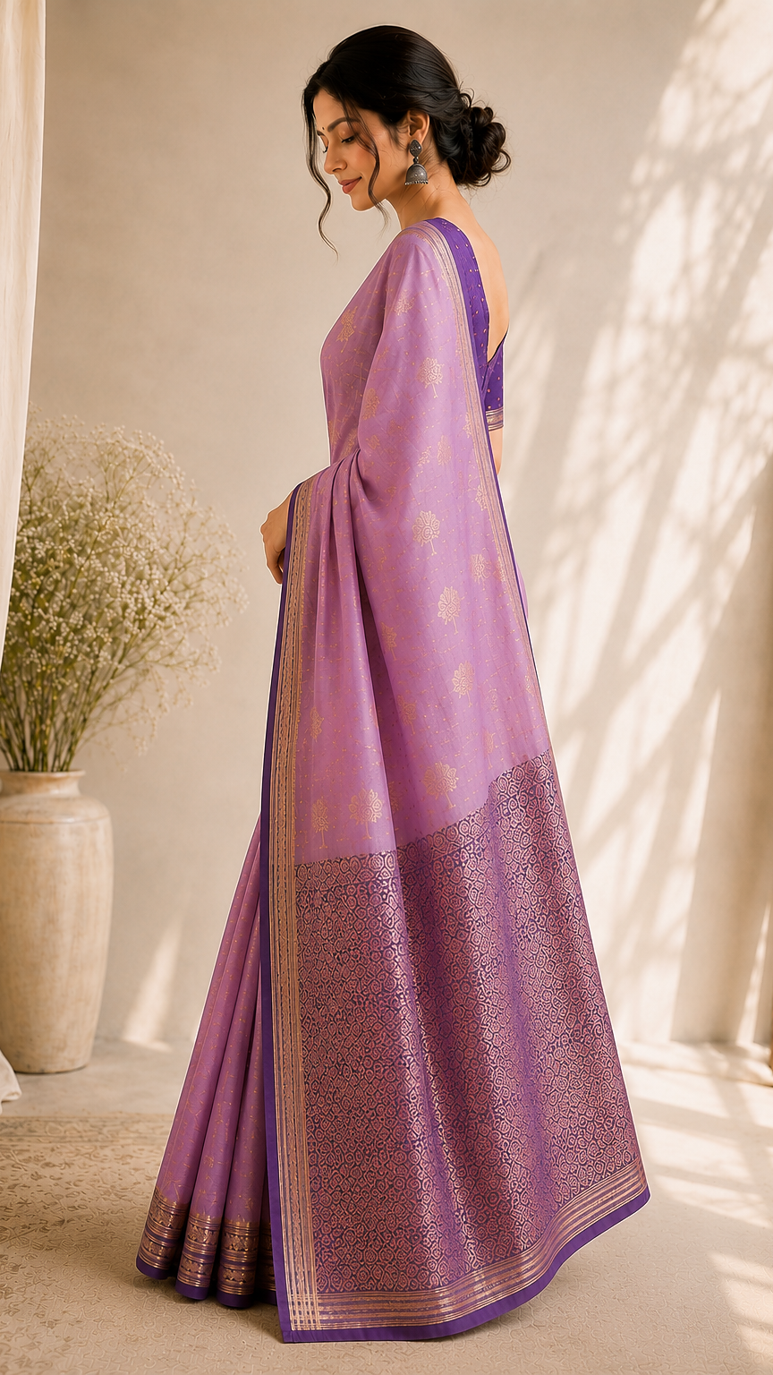 MIRA Lavender Soft Silk Saree with Zari Tree Motifs & Contrast Jacquard Pallu