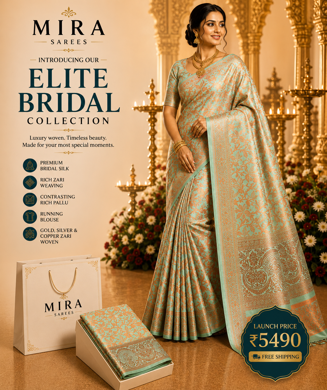 MIRA Elite Bridal Silk Saree – Antique Gold