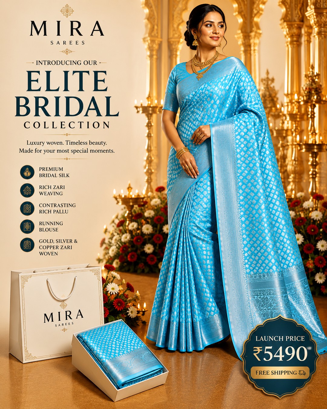 MIRA Elite Bridal Silk Saree – Crystal Sky Blue