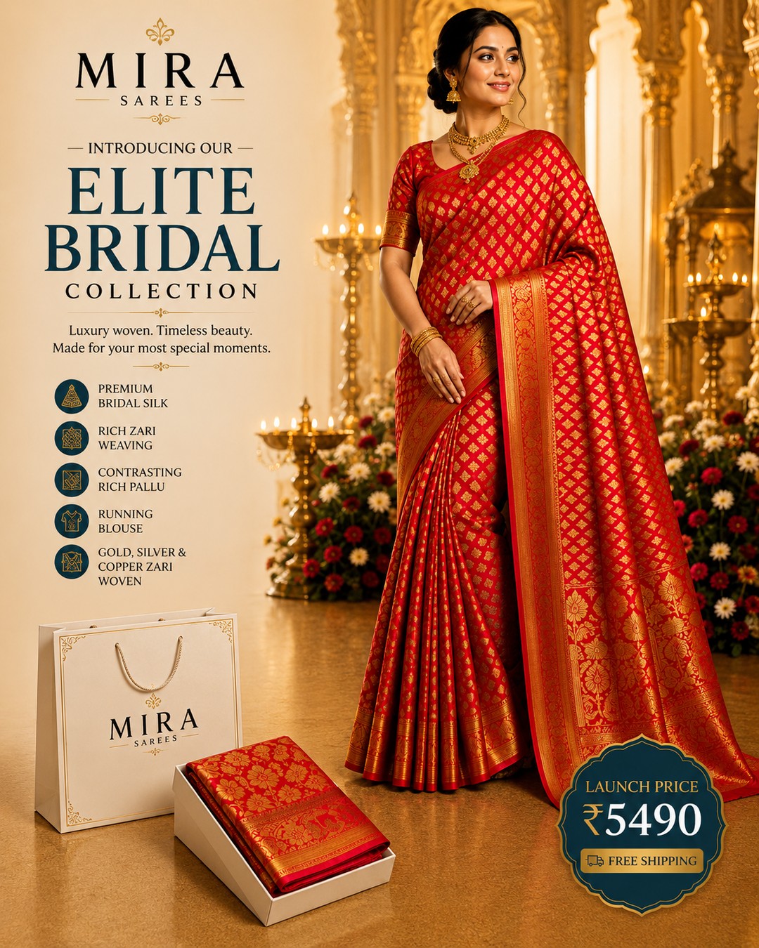 MIRA Elite Bridal Silk Saree – Royal Bridal Red