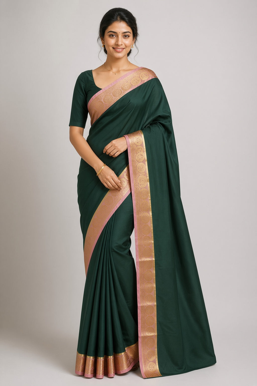 Forest Green Saree with Pink Gold Zari Border