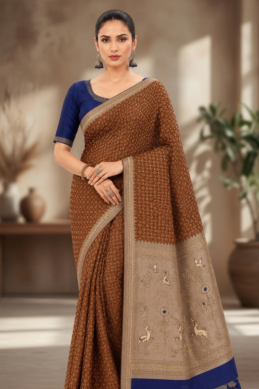 Women's Woven Mul Cotton Saree with Premium Raw Silk Pallu & Contrast Zari Border