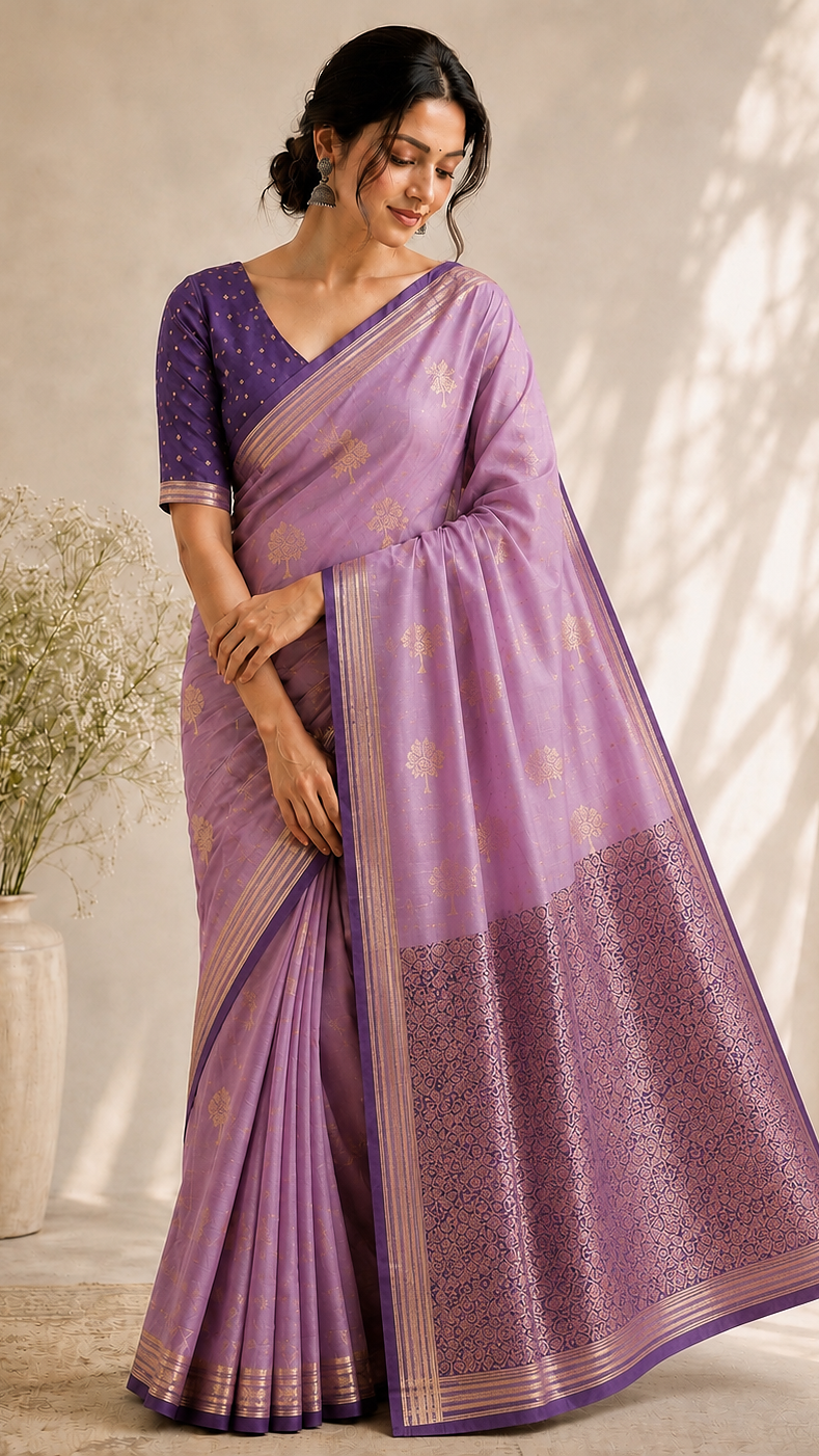 MIRA Lavender Soft Silk Saree with Zari Tree Motifs & Contrast Jacquard Pallu