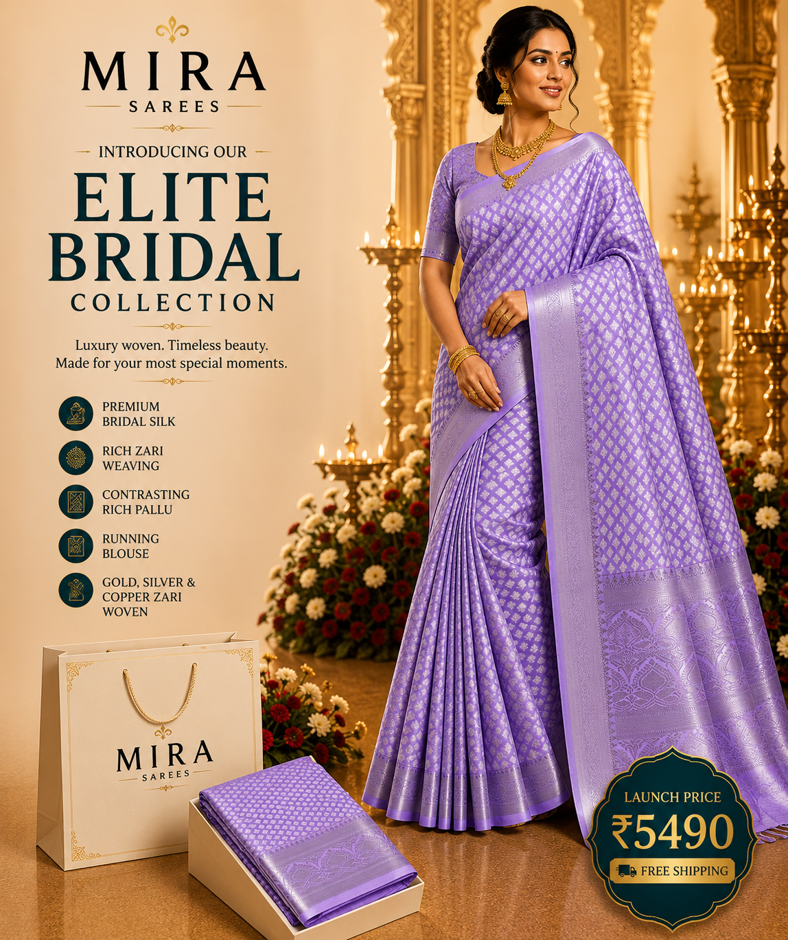 MIRA Elite Bridal Silk Saree – Lavender Lilac