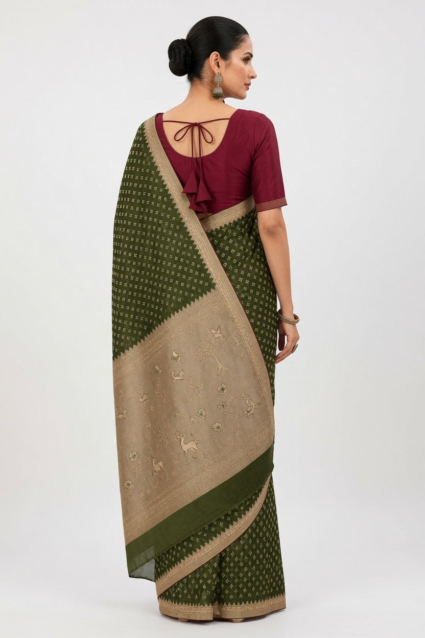 Women's Woven Mul Cotton Saree with Premium Raw Silk Pallu & Contrast Zari Border | Unstitched Blouse Piece