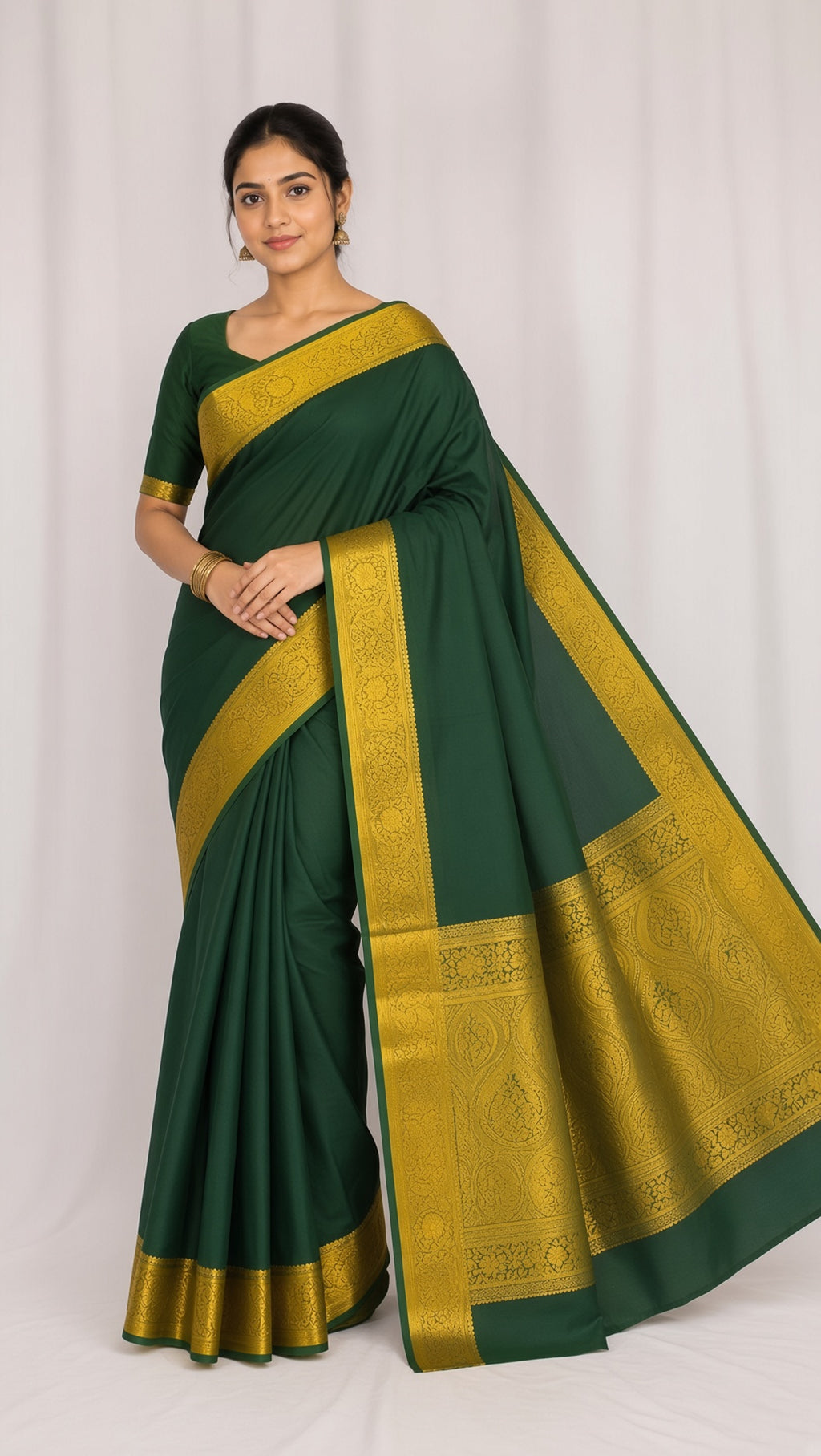 Dark Green Mysore Crepe Saree with Gold Zari Border