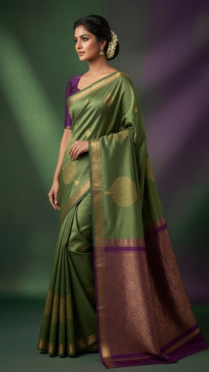 Meera Soft Silk Saree Green with Pink Zari Pallu