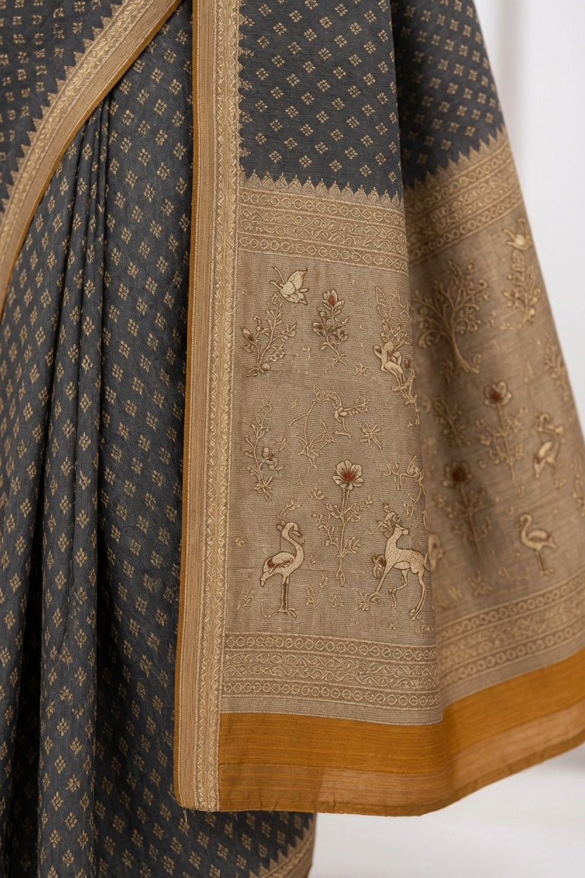 Women's Woven Mul Cotton Saree with Premium Raw Silk Pallu & Contrast Zari Border)