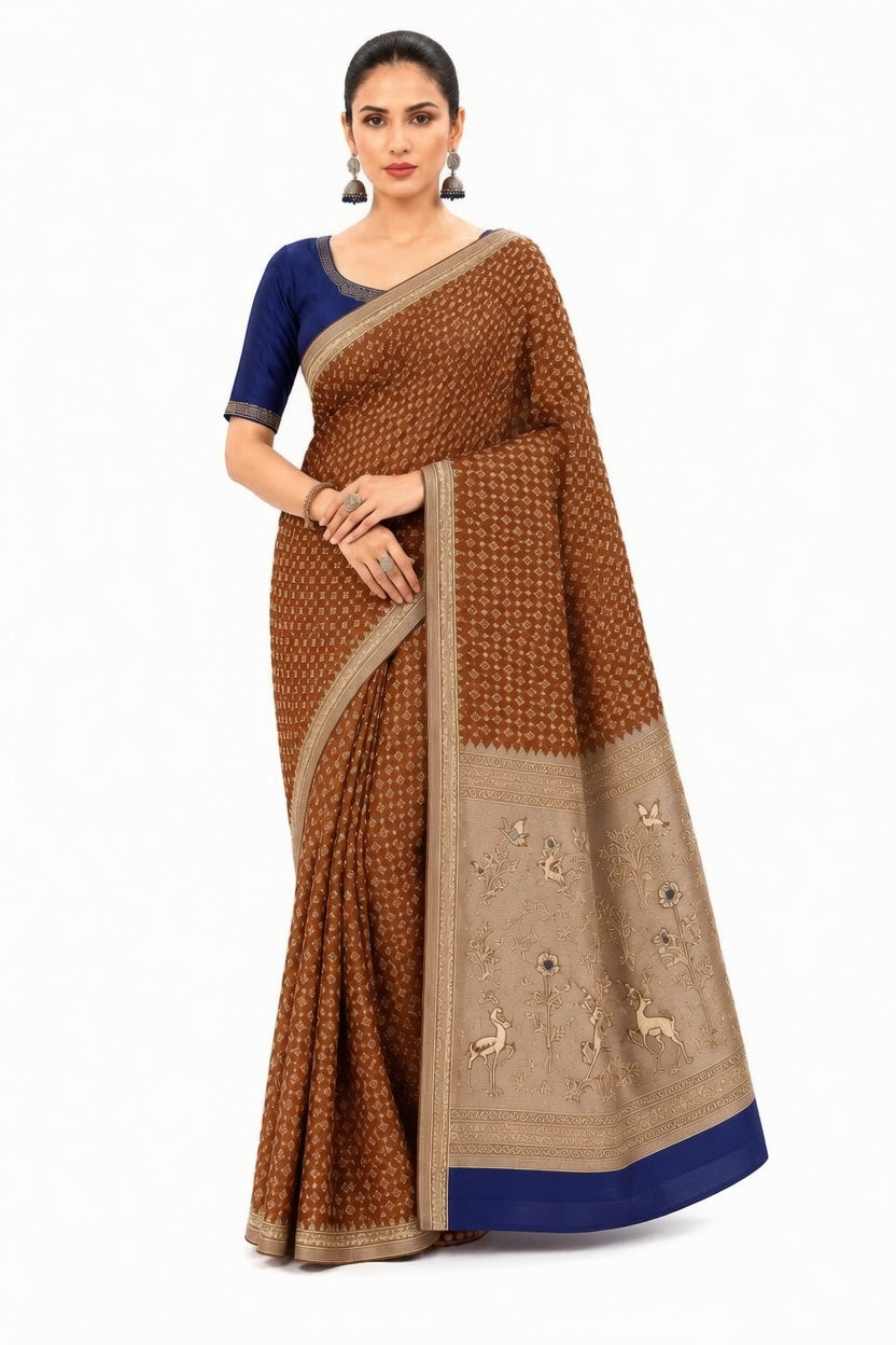 Women's Woven Mul Cotton Saree with Premium Raw Silk Pallu & Contrast Zari Border