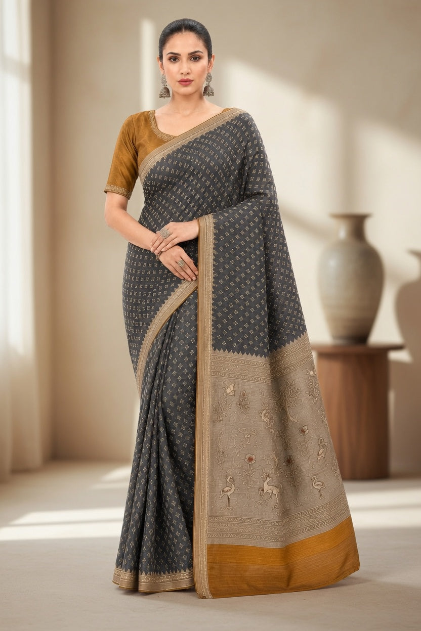 Women's Woven Mul Cotton Saree with Premium Raw Silk Pallu & Contrast Zari Border)