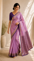 MIRA Lavender Soft Silk Saree with Zari Tree Motifs & Contrast Jacquard Pallu