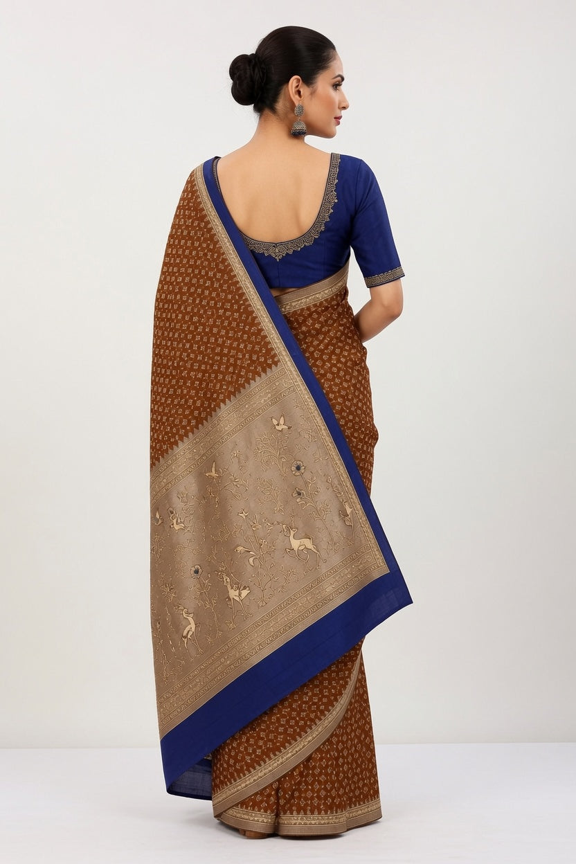 Women's Woven Mul Cotton Saree with Premium Raw Silk Pallu & Contrast Zari Border