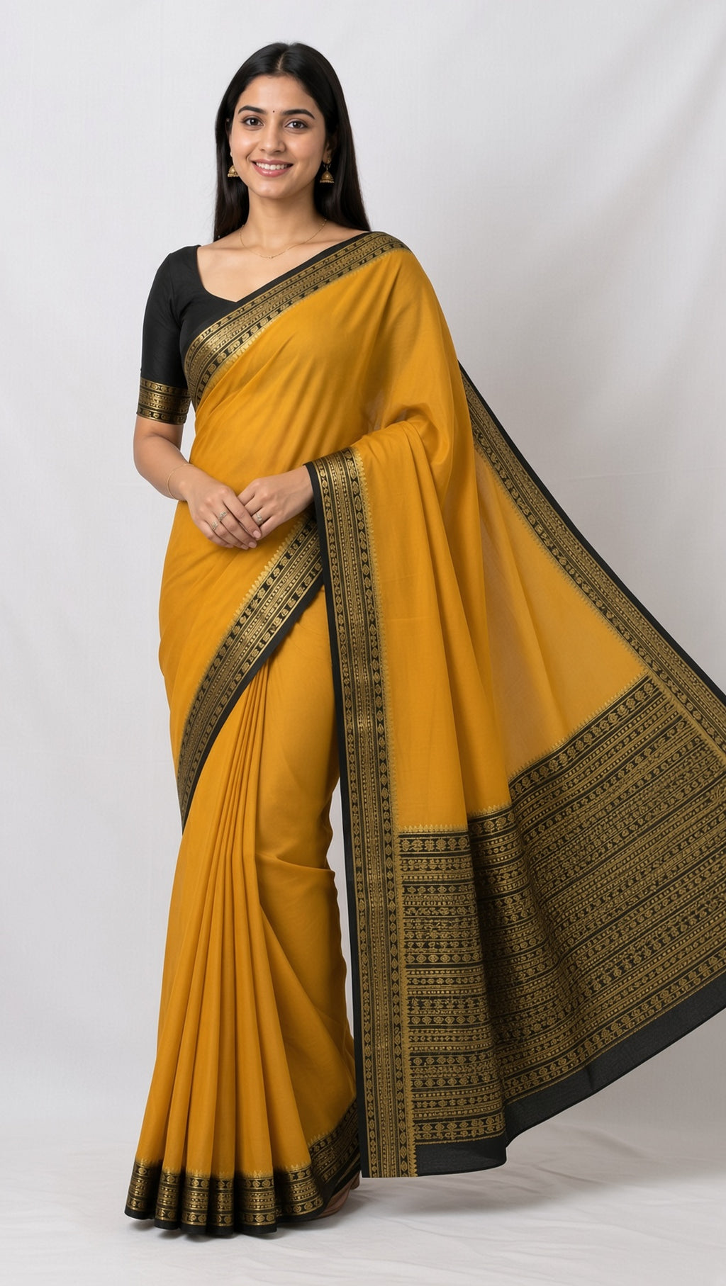 Mustard Yellow Saree with Black & Gold Woven Border