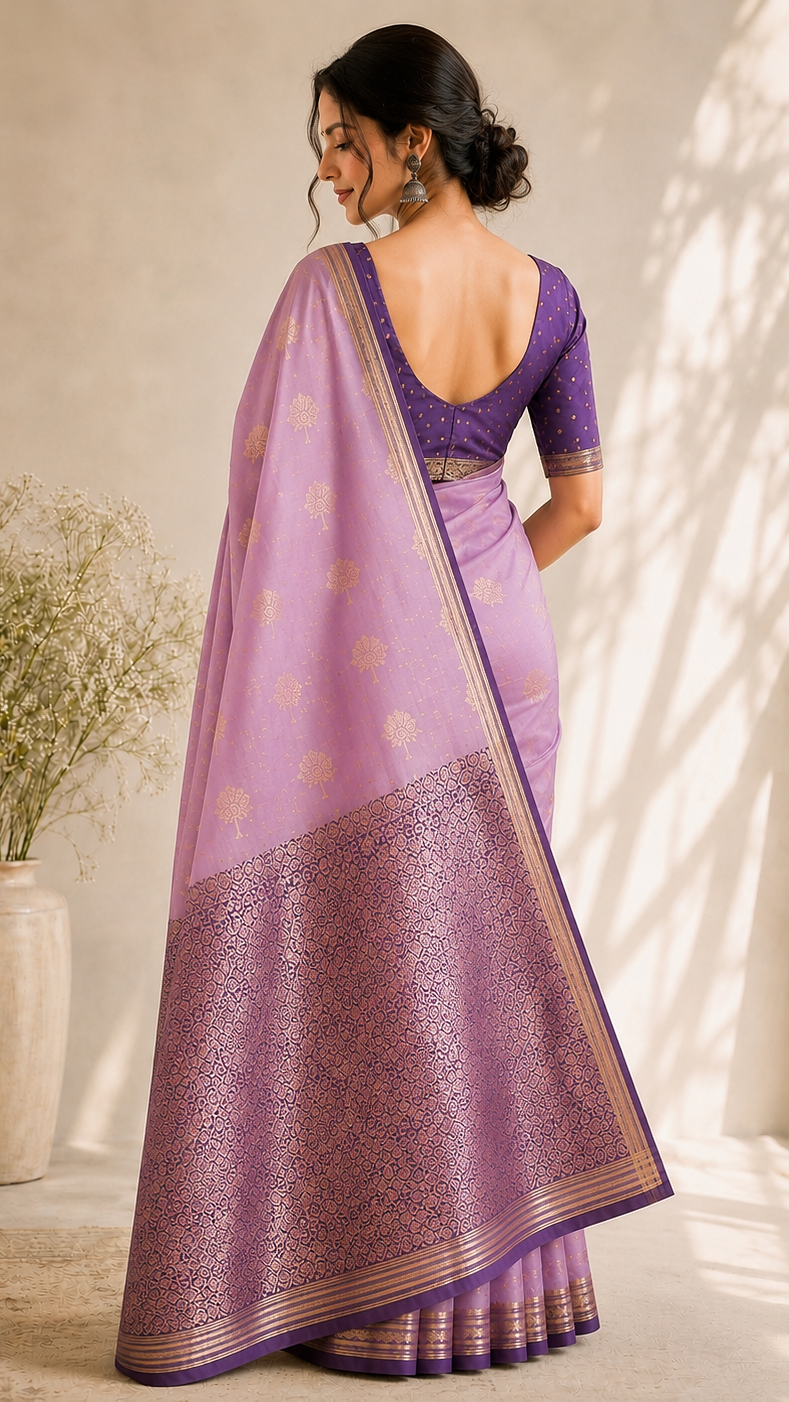 MIRA Lavender Soft Silk Saree with Zari Tree Motifs & Contrast Jacquard Pallu