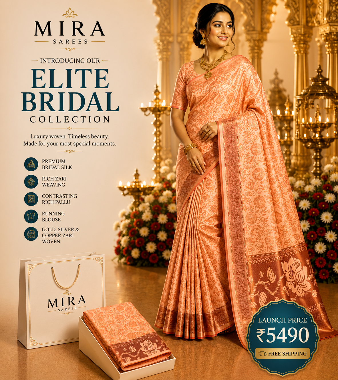 MIRA Elite Bridal Silk Saree – Rose Blush Peach