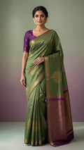 Meera Soft Silk Saree Green with Pink Zari Pallu