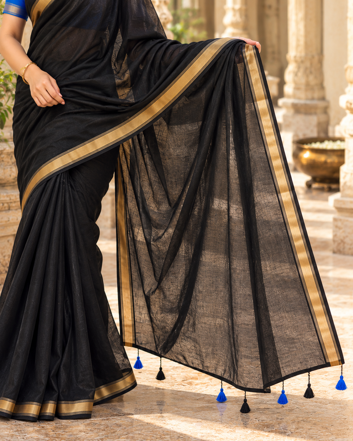MIRA Sarees Black Mysore Crepe Saree with Gold Border
