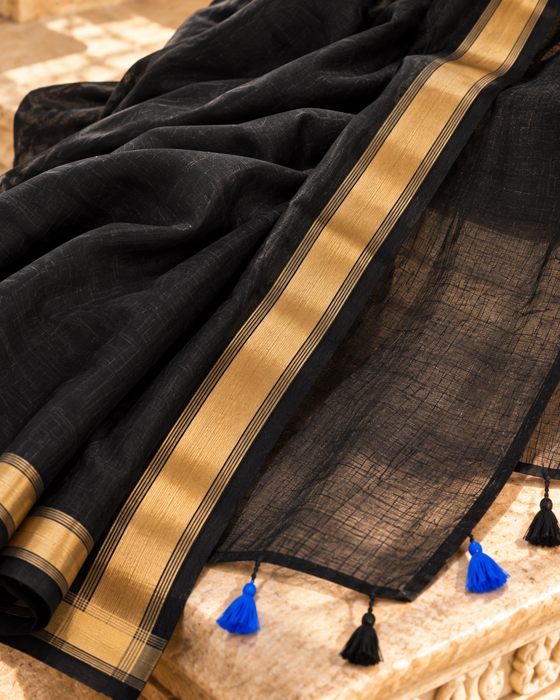 MIRA Sarees Black Mysore Crepe Saree with Gold Border