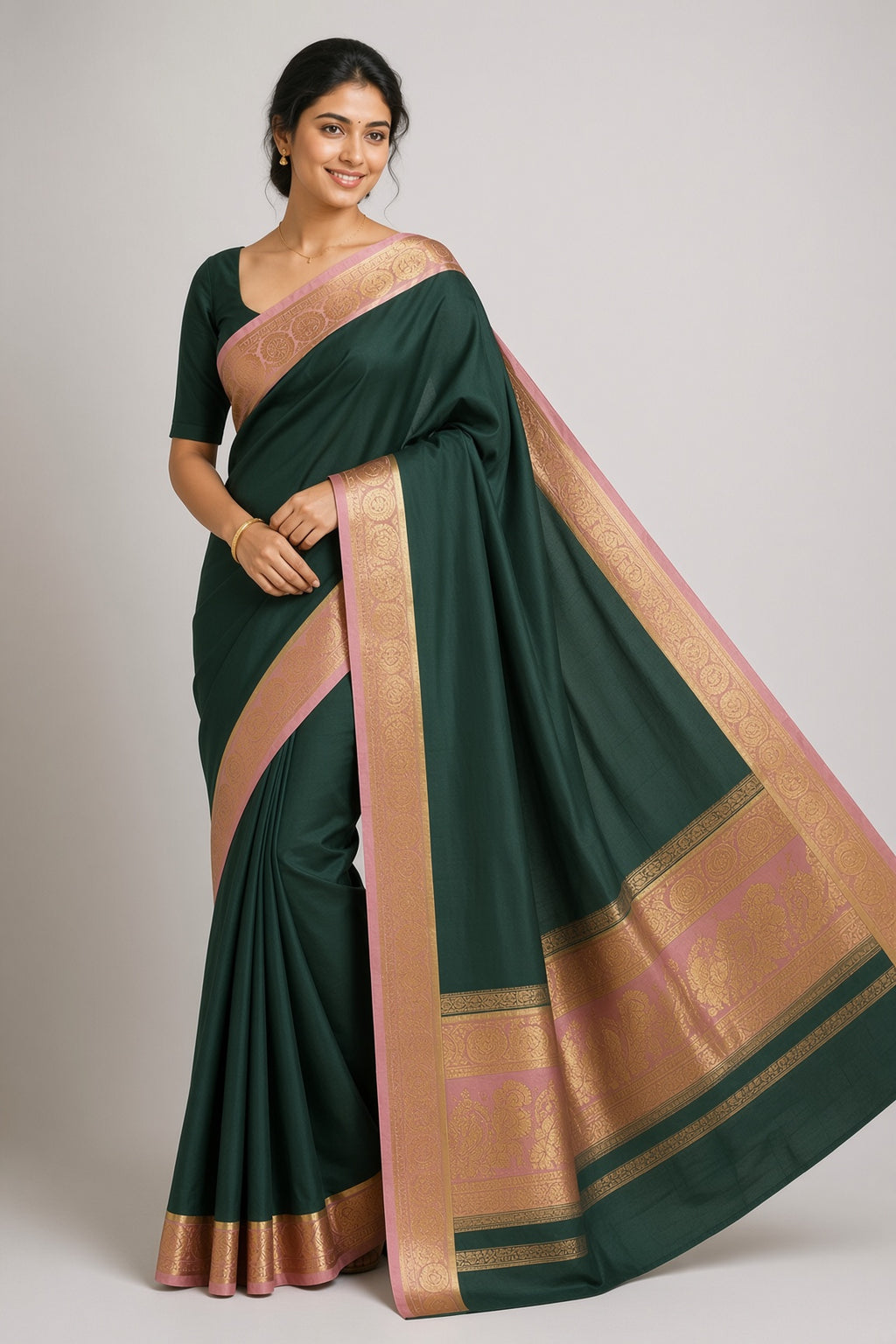 Forest Green Saree with Pink Gold Zari Border