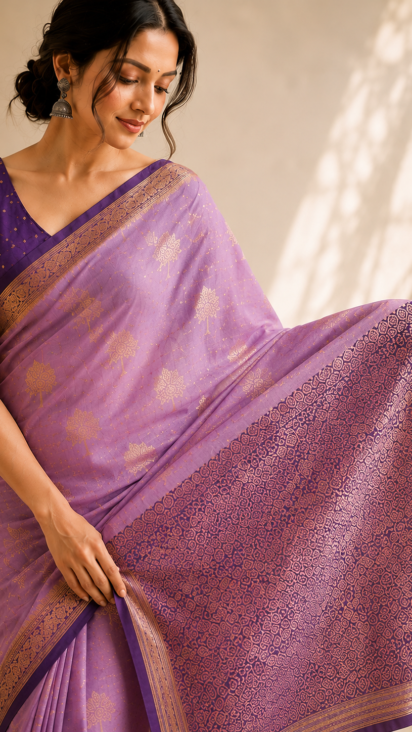 MIRA Lavender Soft Silk Saree with Zari Tree Motifs & Contrast Jacquard Pallu