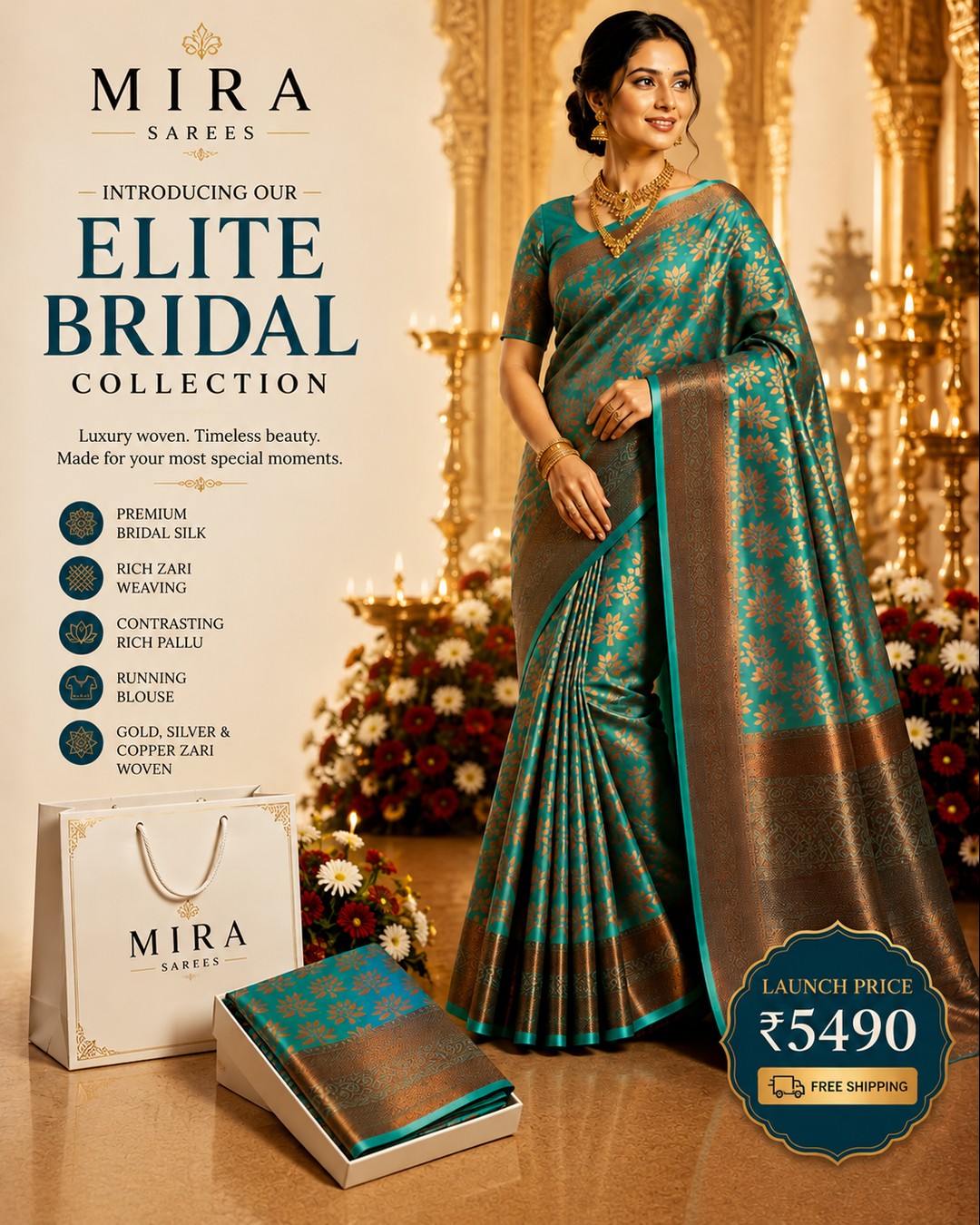 MIRA Elite Bridal Silk Saree – Teal Emerald