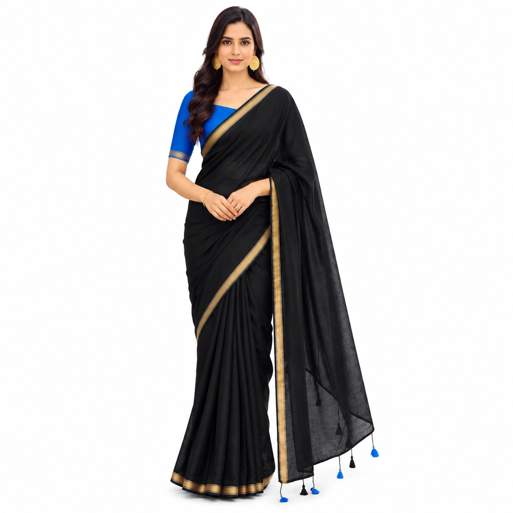 MIRA Sarees Black Mysore Crepe Saree with Gold Border