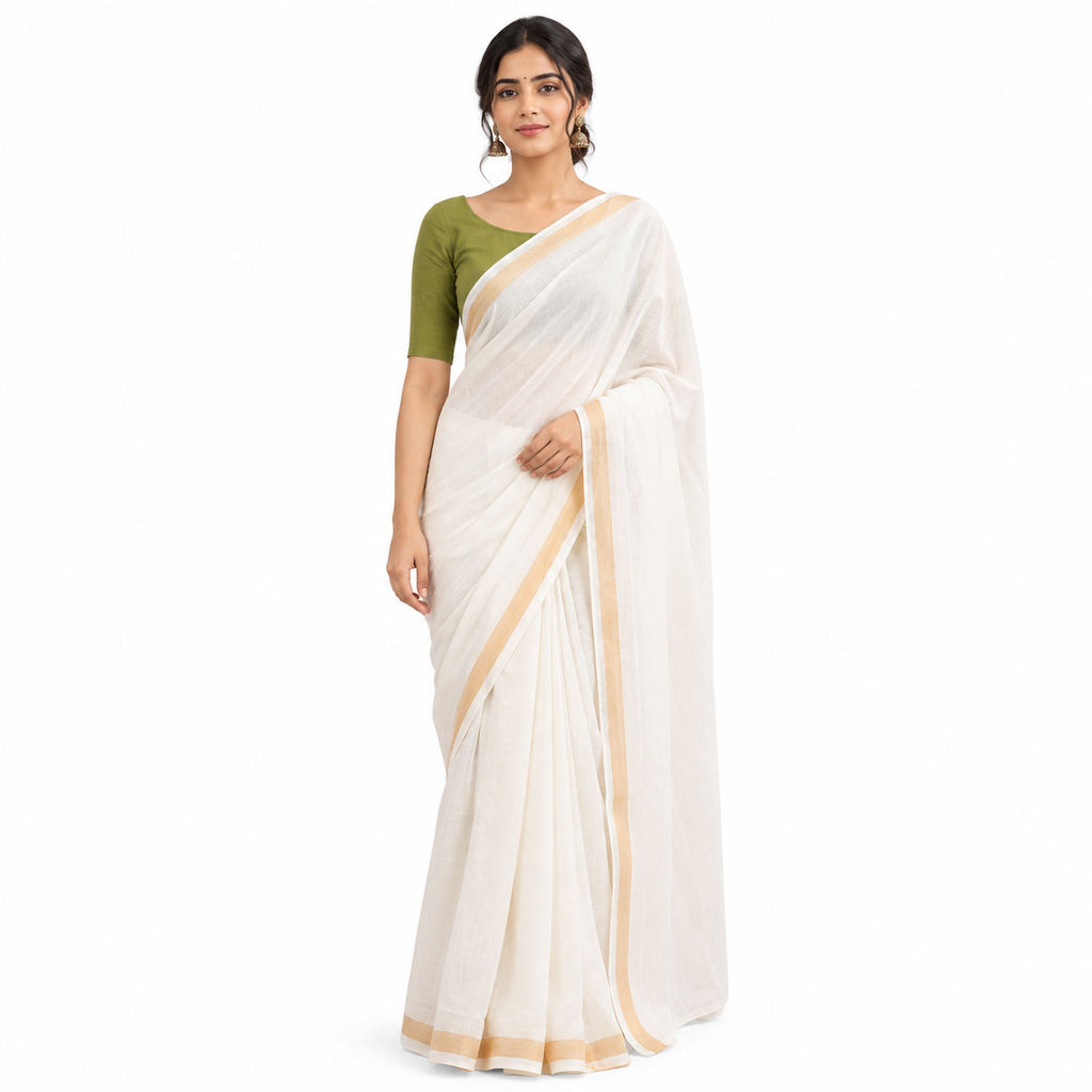 MIRA Ivory Saree with Gold-Tone Border and Olive Green Blouse