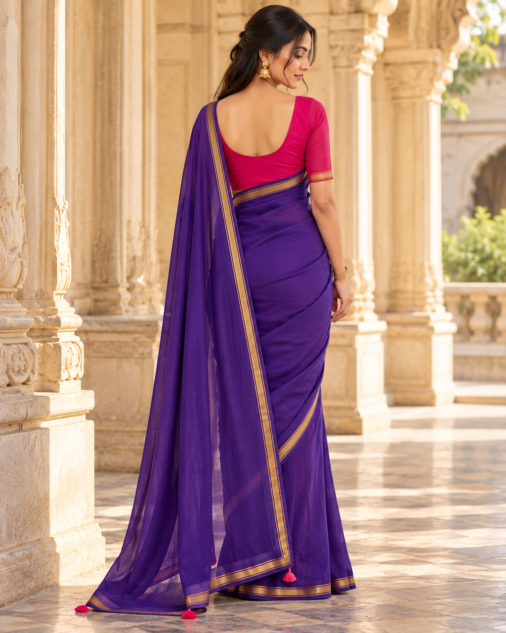 MIRA Golden Grace Royal Purple Saree with Gold-Tone Border