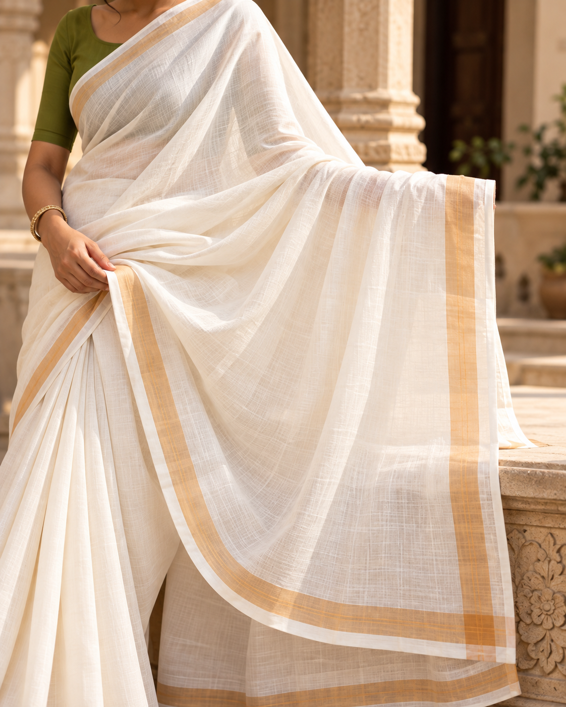 MIRA Ivory Saree with Gold-Tone Border and Olive Green Blouse