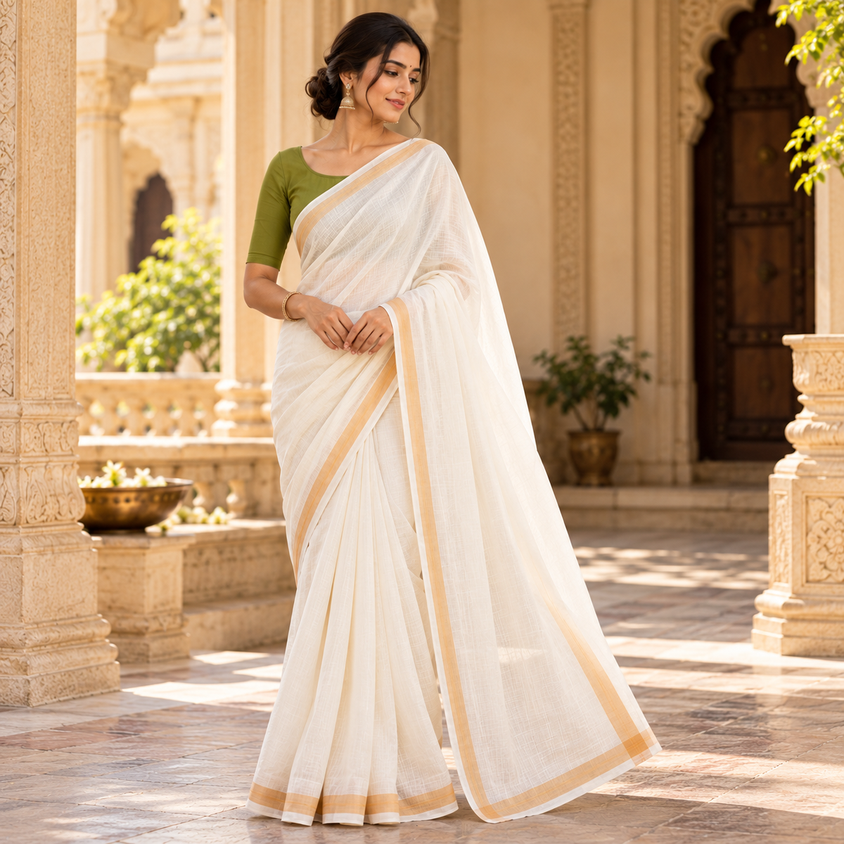 MIRA Ivory Saree with Gold-Tone Border and Olive Green Blouse