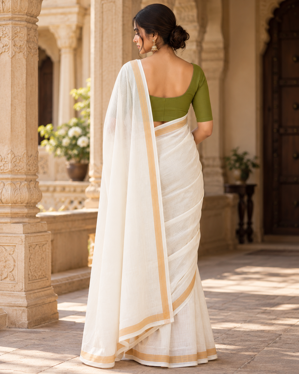 MIRA Ivory Saree with Gold-Tone Border and Olive Green Blouse