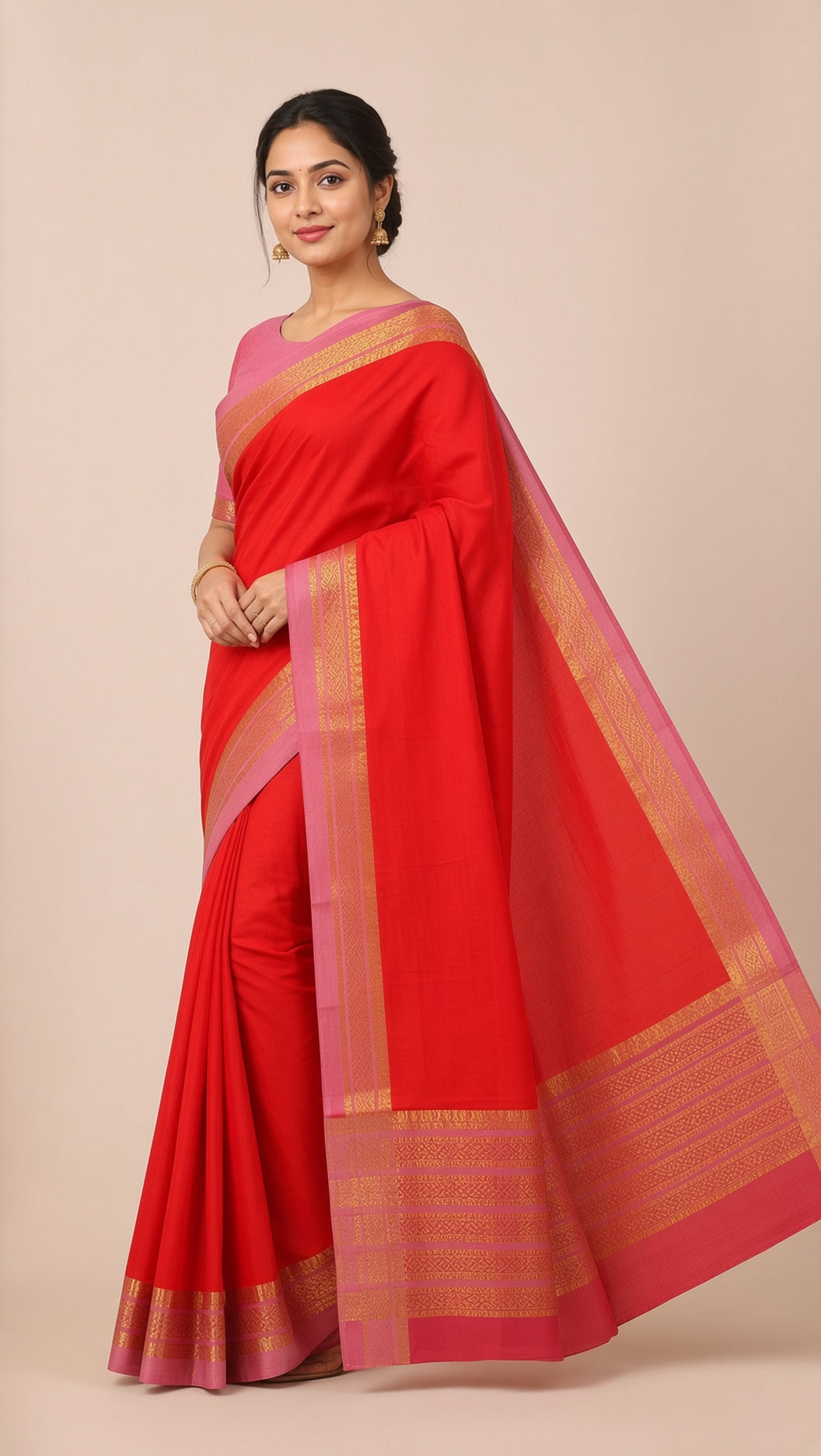 Orange Mysore Crepe Saree with Pink & Gold Zari Border