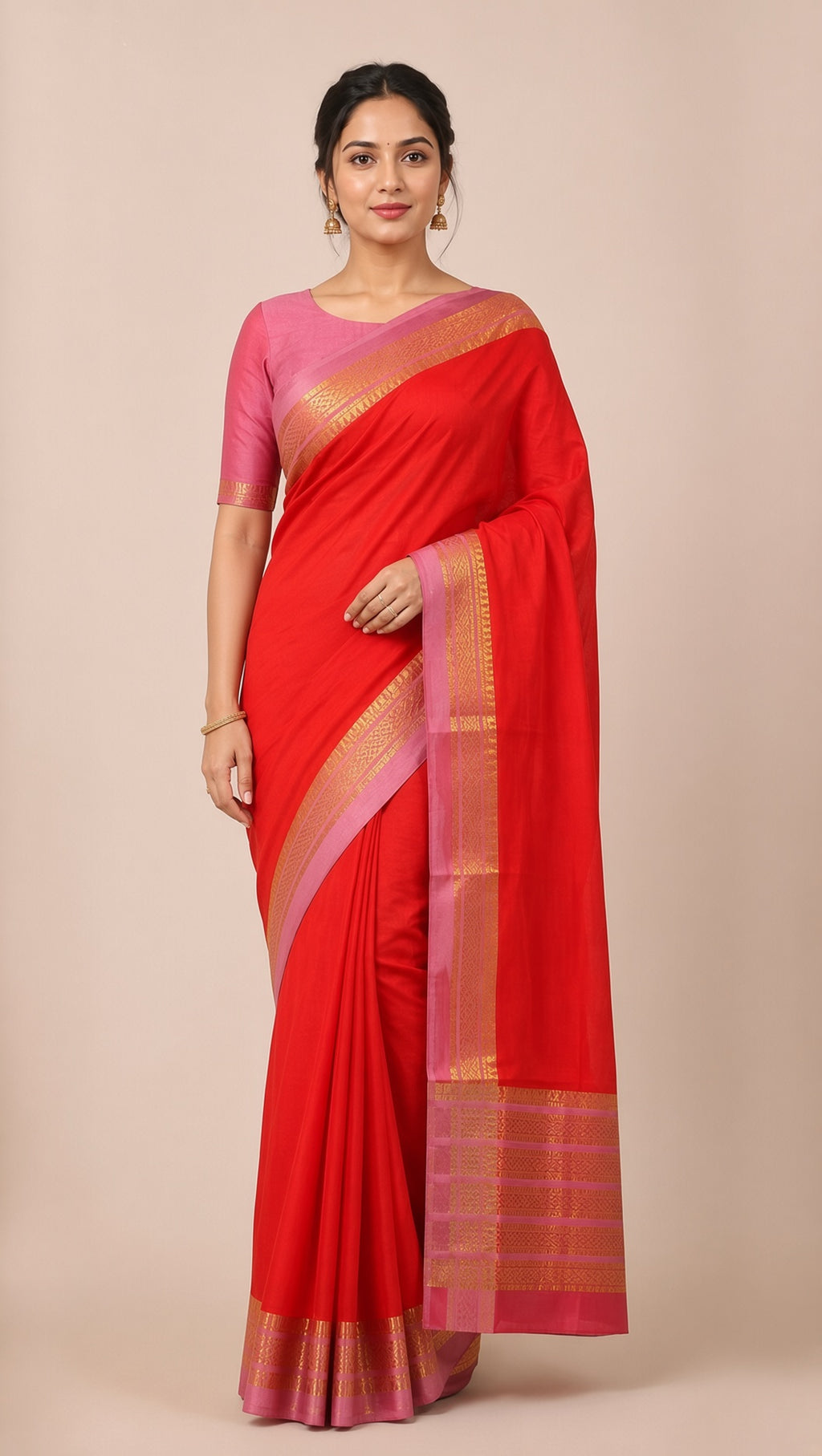 Orange Mysore Crepe Saree with Pink & Gold Zari Border