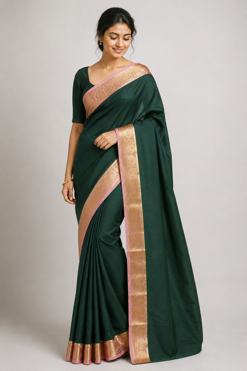 Forest Green Saree with Pink Gold Zari Border