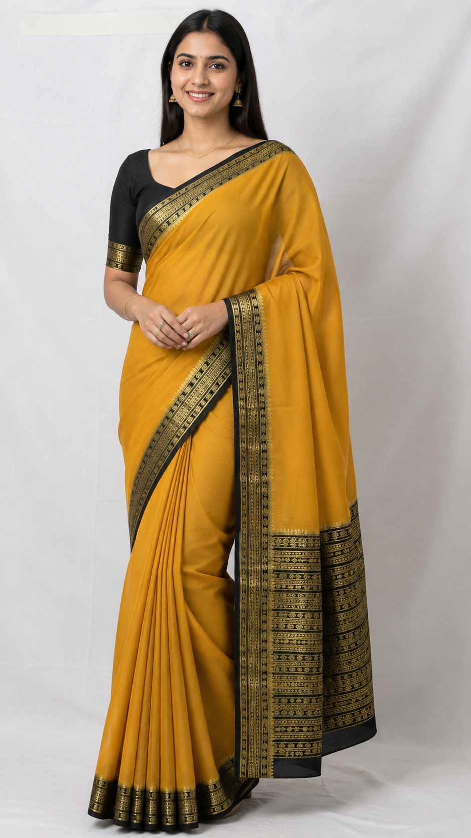 Mustard Yellow Saree with Black & Gold Woven Border