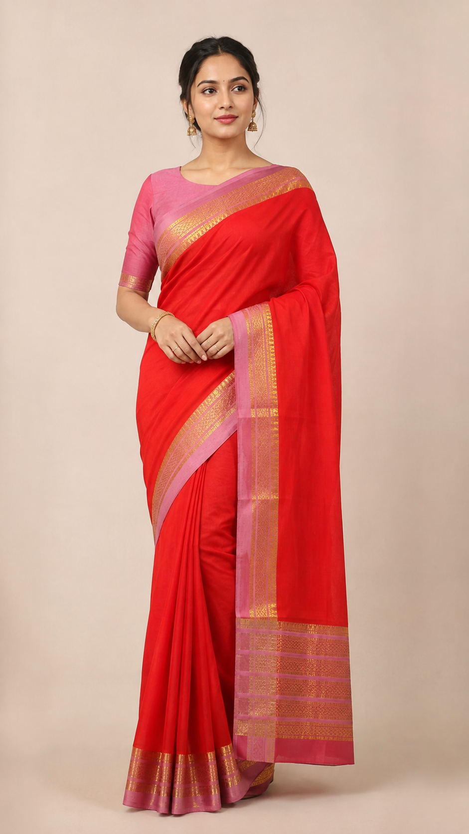 Orange Mysore Crepe Saree with Pink & Gold Zari Border