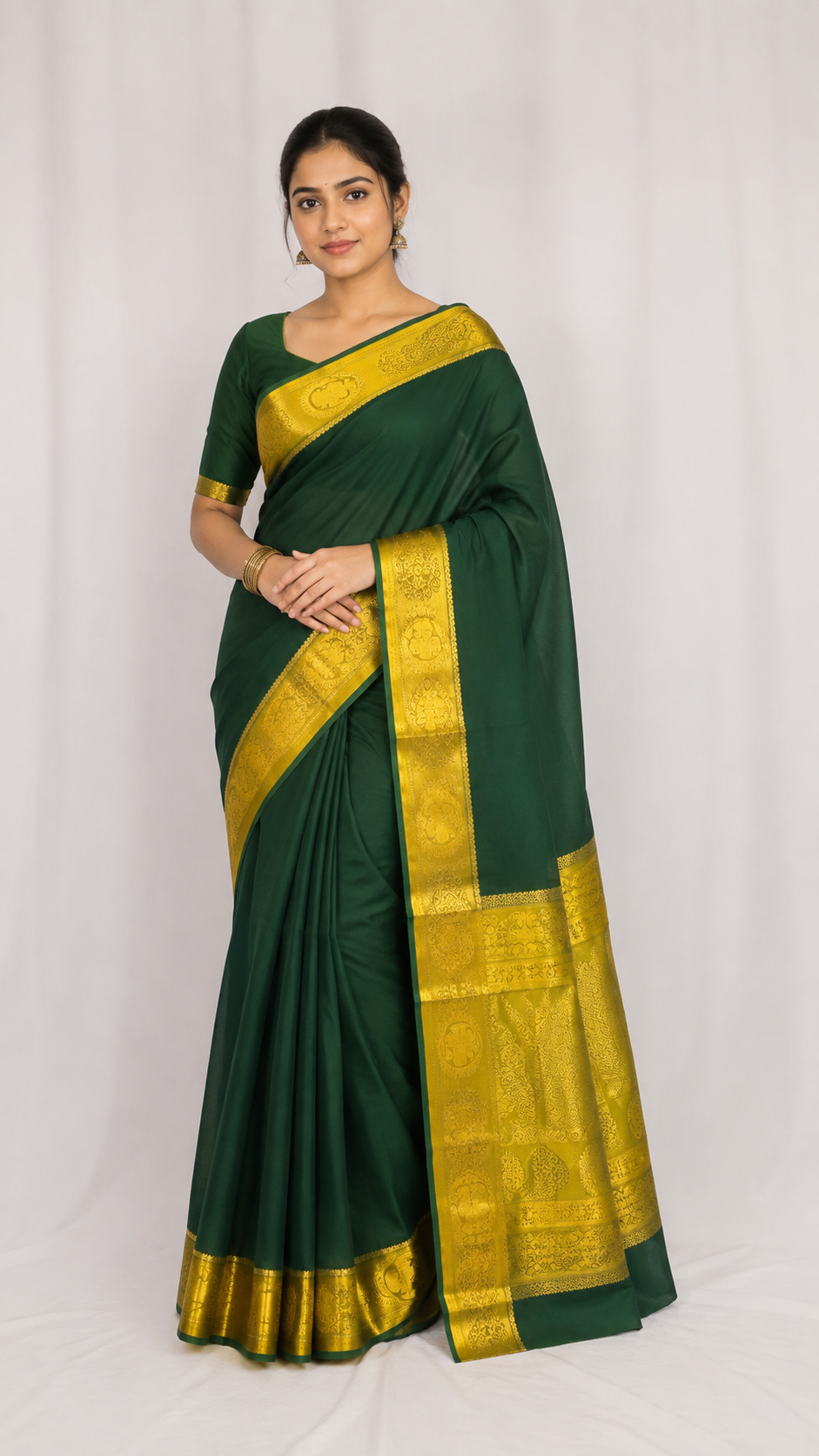 Dark Green Mysore Crepe Saree with Gold Zari Border
