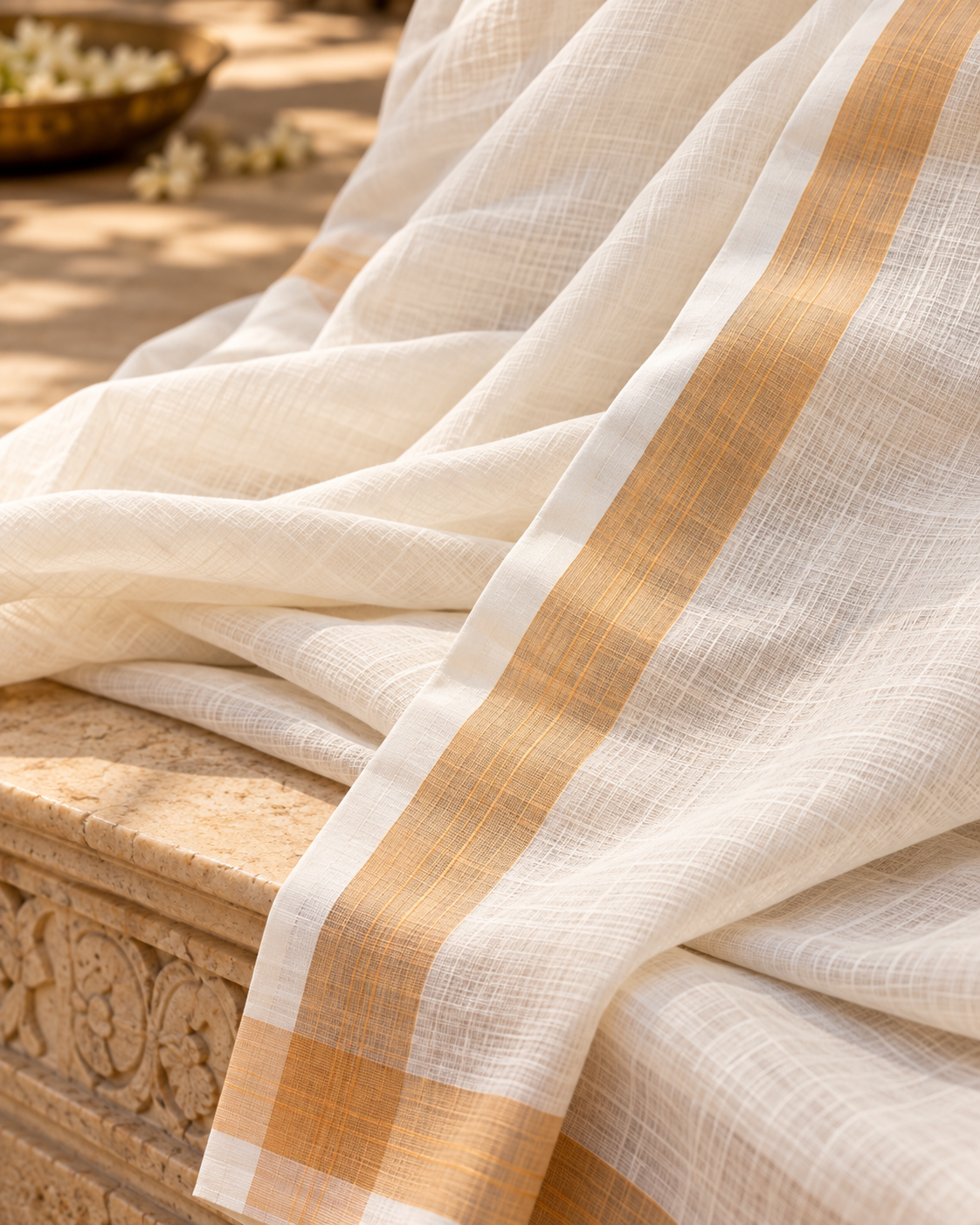 MIRA Ivory Saree with Gold-Tone Border and Olive Green Blouse