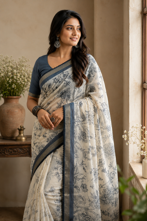 Botanical Bloom Mul Cotton Saree