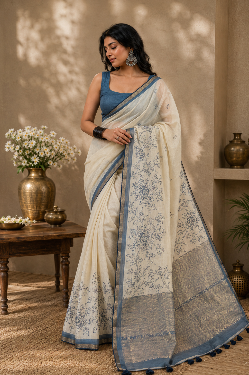 Ivory Mul Cotton Saree with Blue Floral Print