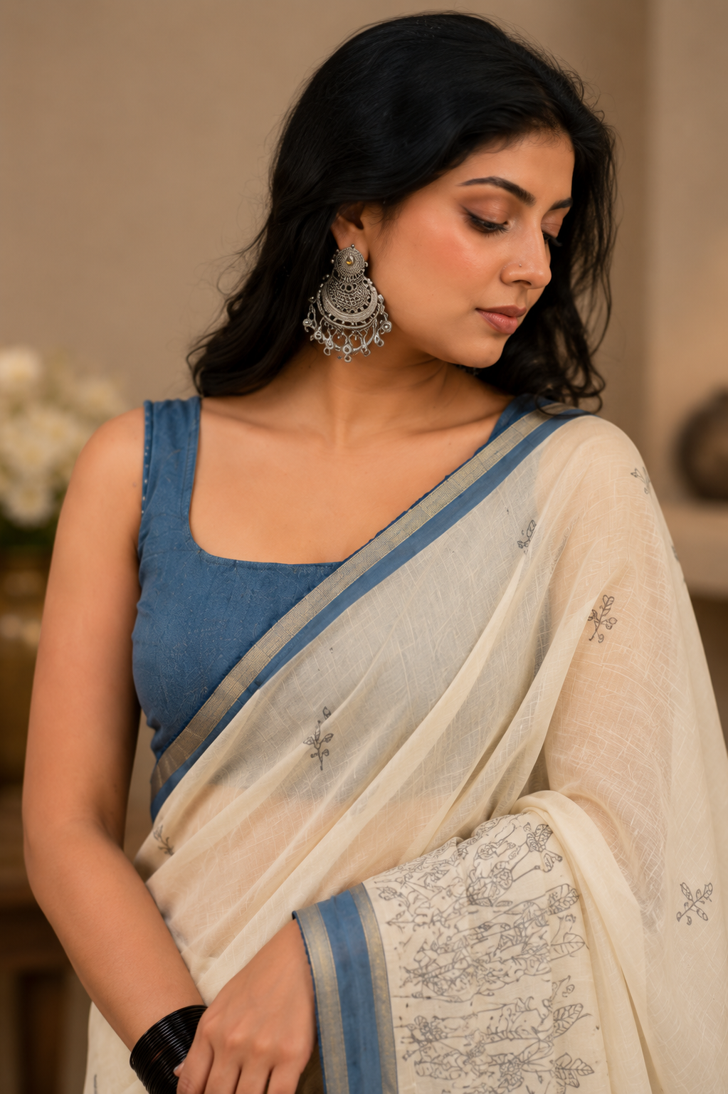 Ivory Bloom Mul Cotton Saree