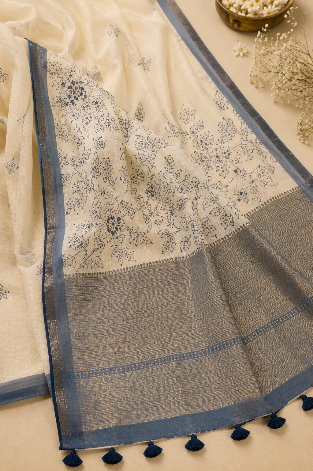 Ivory Mul Cotton Saree with Blue Floral Print