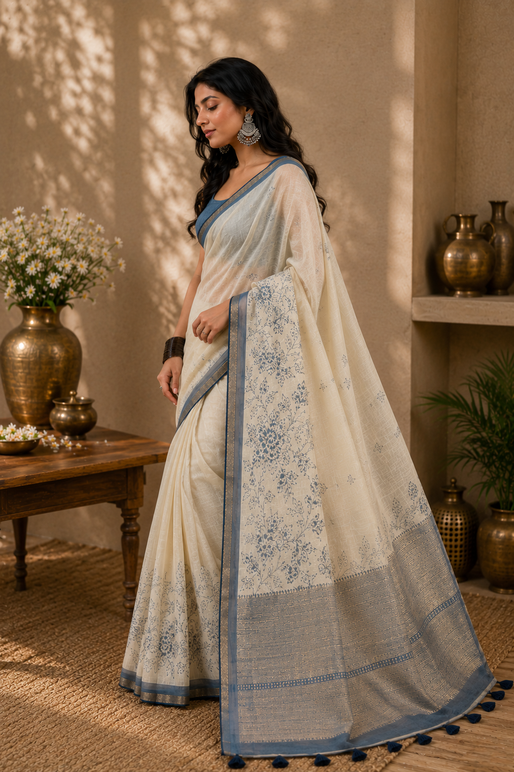 Ivory Mul Cotton Saree with Blue Floral Print