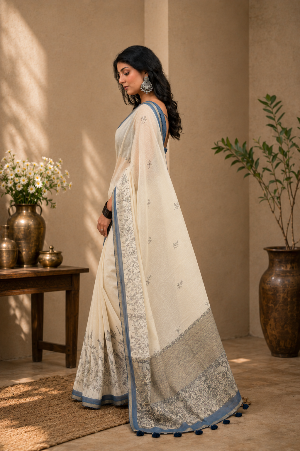 Ivory Bloom Mul Cotton Saree