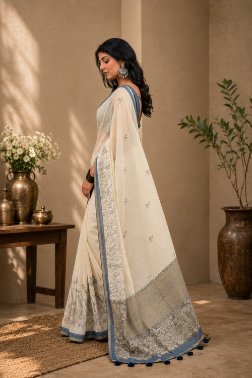 Ivory Bloom Mul Cotton Saree
