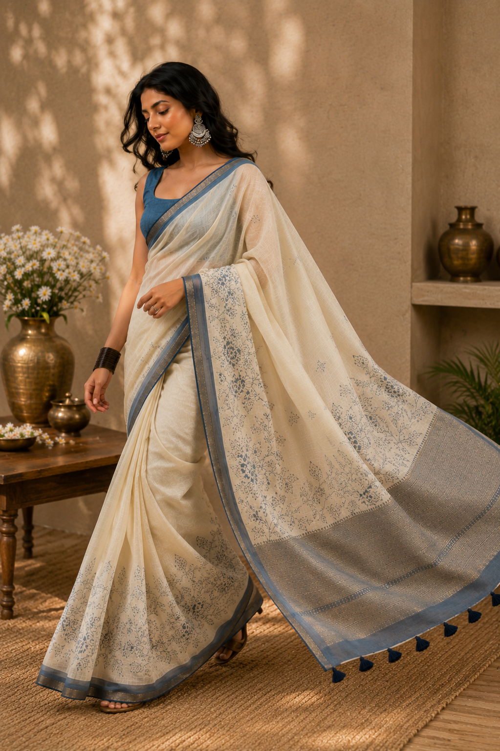Ivory Mul Cotton Saree with Blue Floral Print