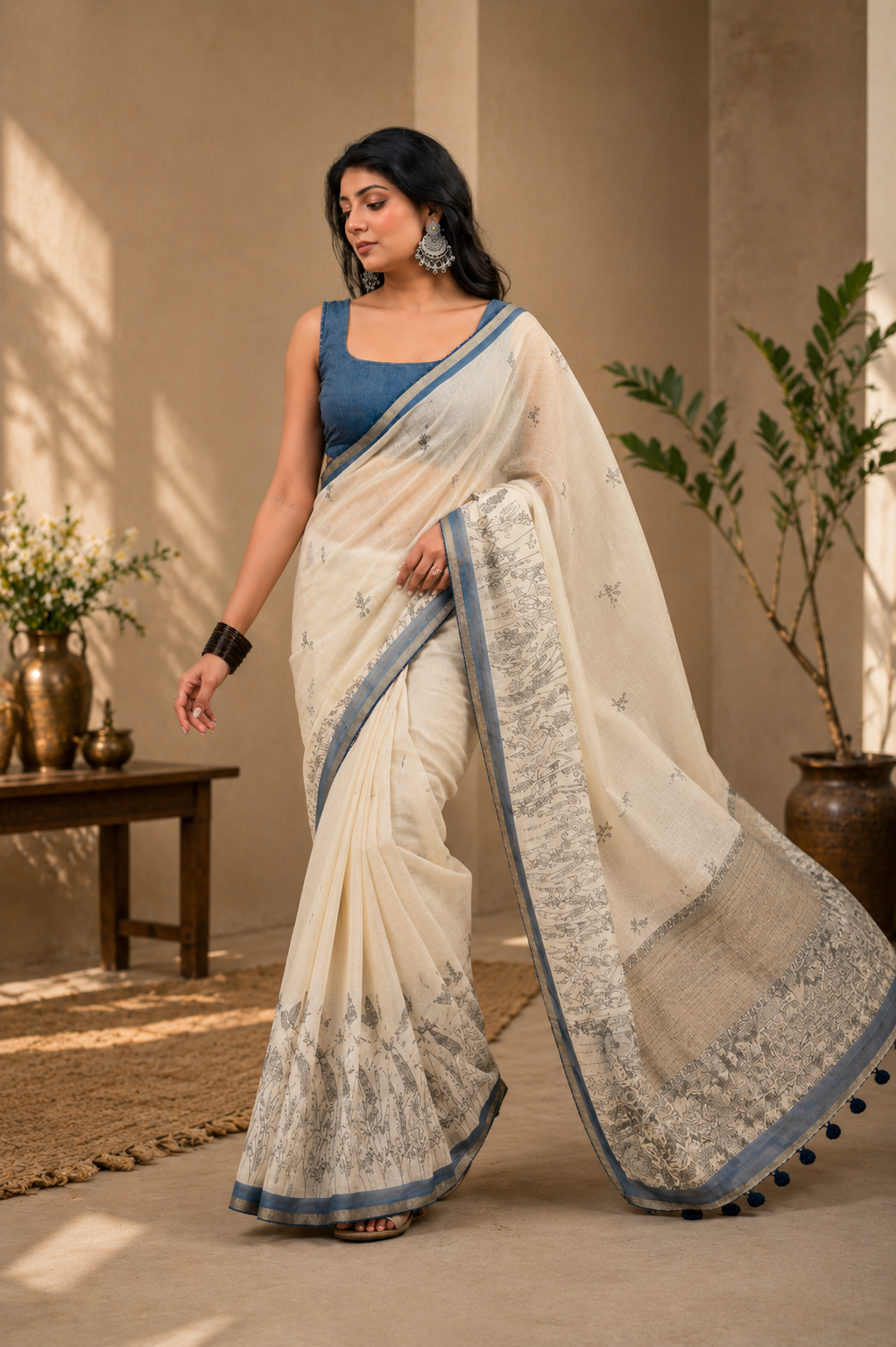 Ivory Bloom Mul Cotton Saree