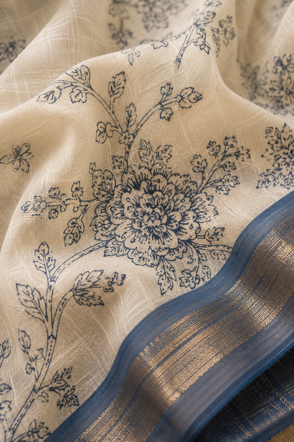 Ivory Mul Cotton Saree with Blue Floral Print
