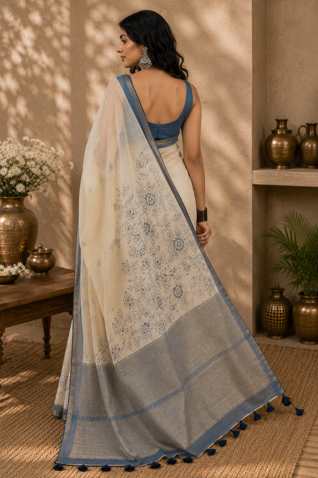 Ivory Mul Cotton Saree with Blue Floral Print