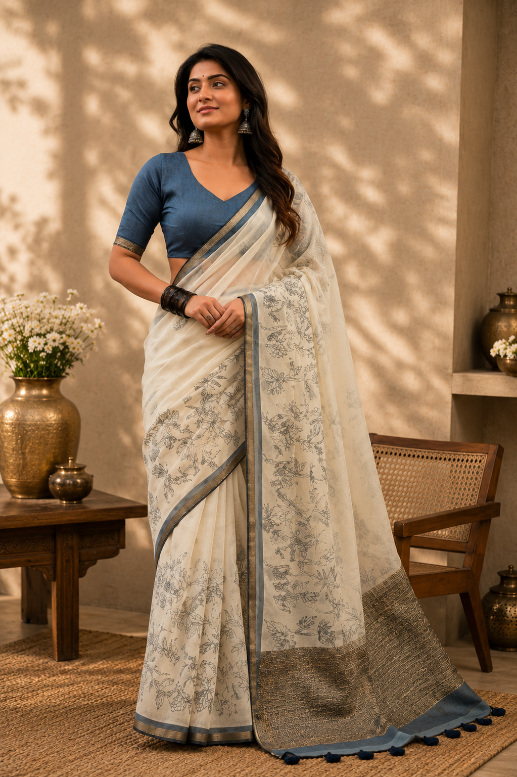 Ivory Mul Cotton Saree with Blue Floral Botanical Print